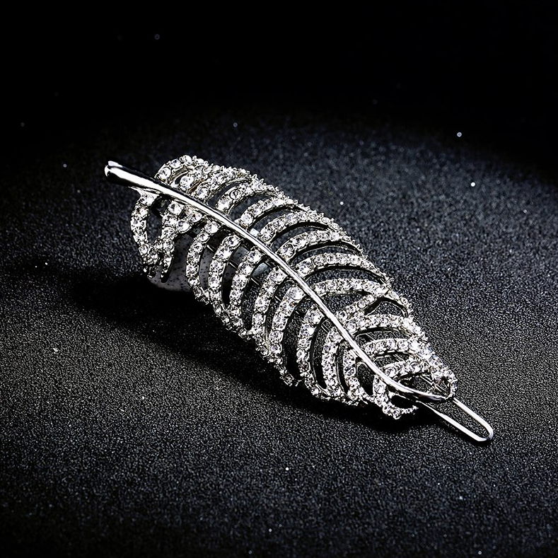 Silvertone Crystal Feather Hairpin