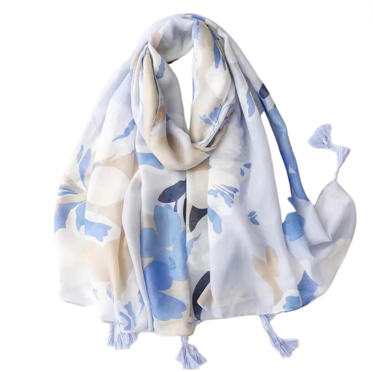 Blue and Sand Floral Tassel Scarf