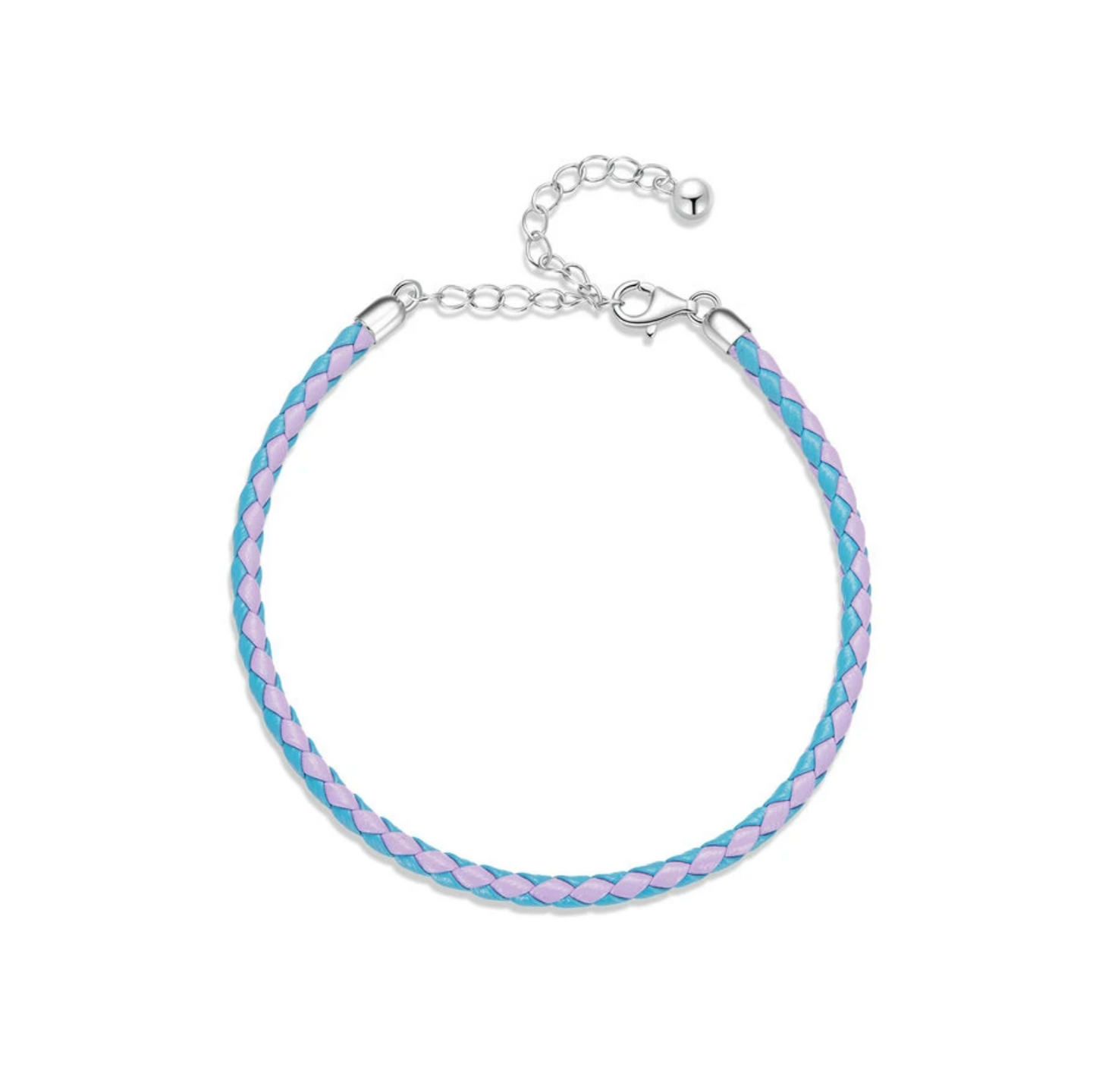 A braided leather bracelet with blue and purple strands, featuring a silver clasp and small silver charm.