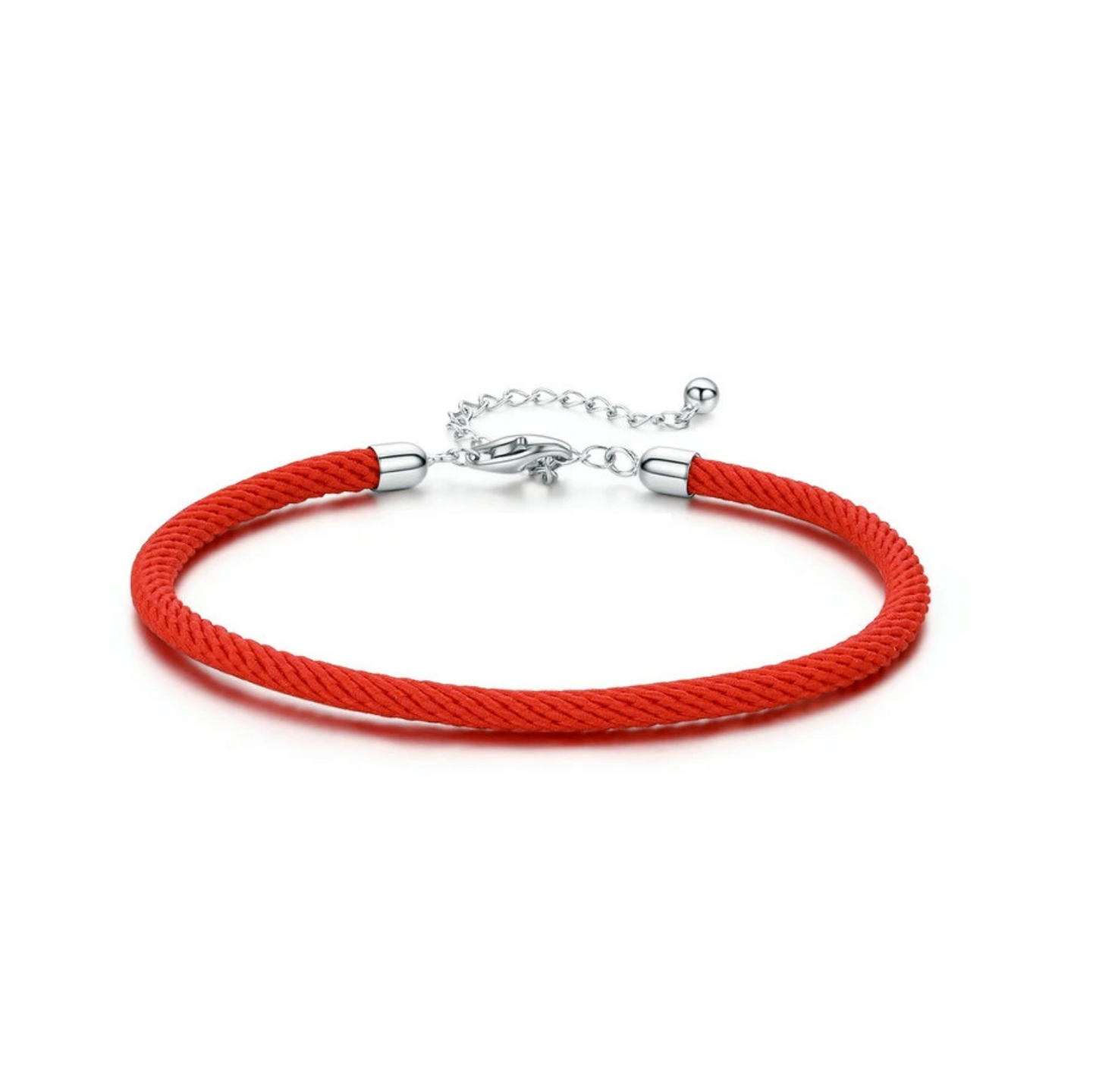 A red rope bracelet with sterling silver accents and a platinum-plated finish, featuring an adjustable chain and a secure lobster clasp.