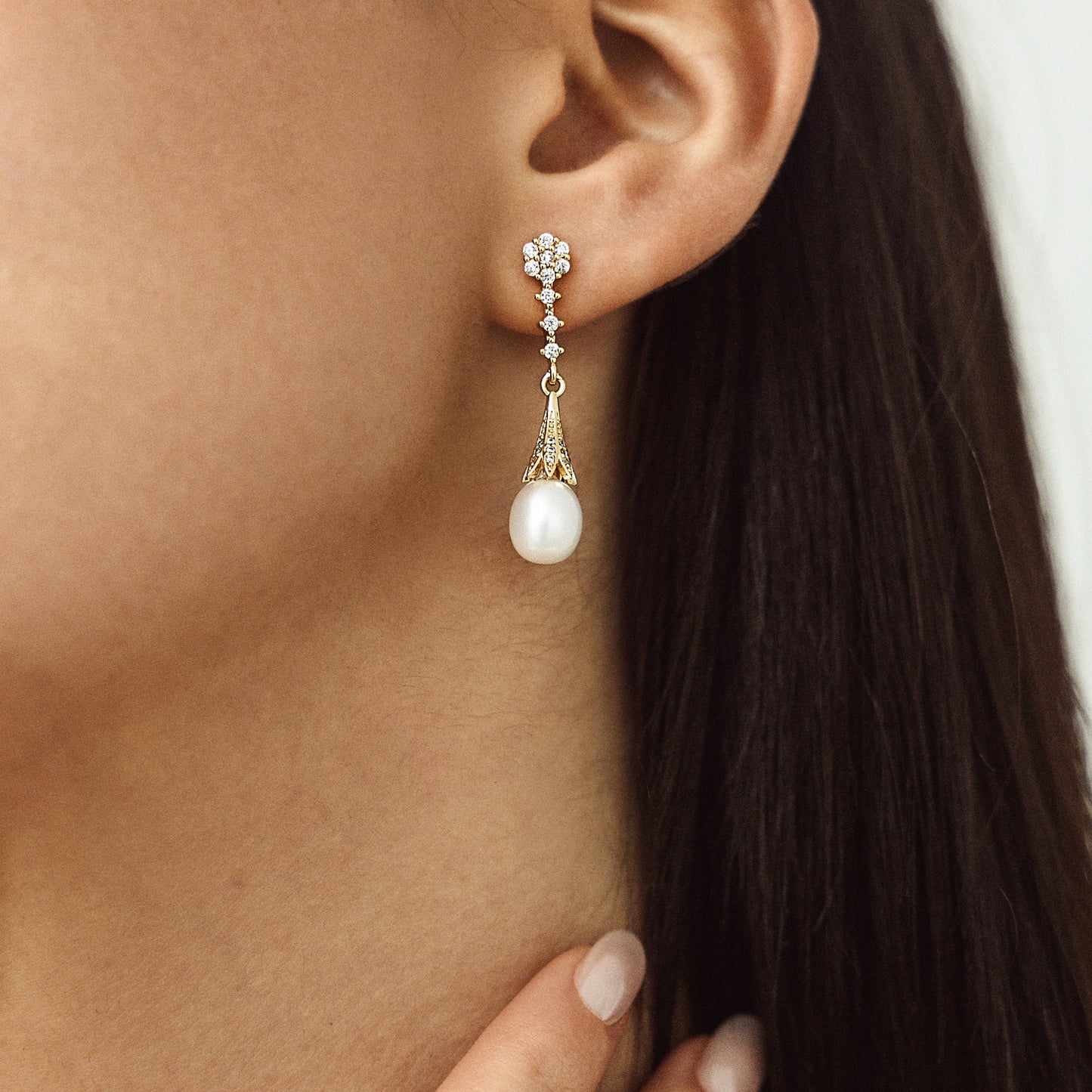 Gold plated Sterling Silver White Freshwater Pearl & Cubic Zirconia Pave Drop Earrings