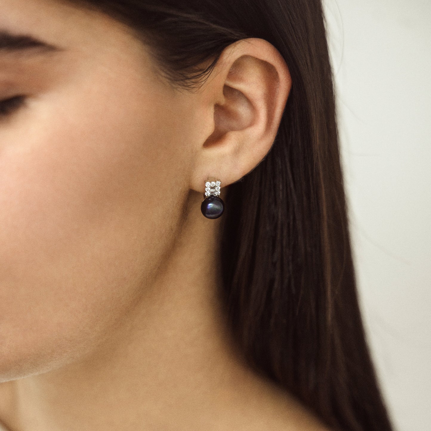 Black Freshwater Pearl Stud Earrings - 10mm - CZ Accent - Sterling Silver - Gift for Her