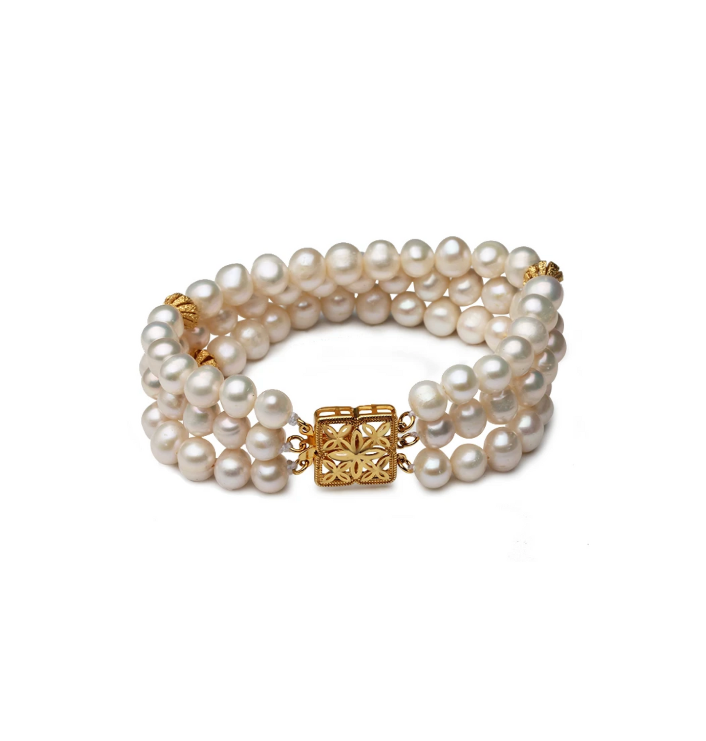 Freshwater Pearl & Goldtone Three-Row Clover Bracelet (9")