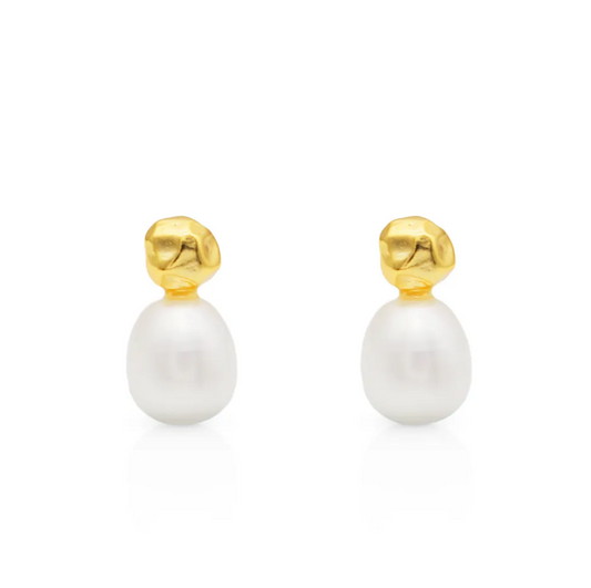 18K Gold Plated Sterling Silver & White Freshwater Pearl Stud Earrings - Signature Pearls