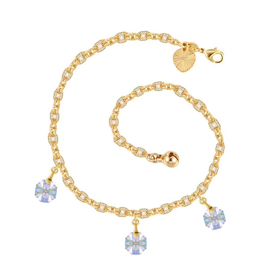 Gold stainless steel anklet with Swarovski crystals, adjustable length, elegant crystal drop accents