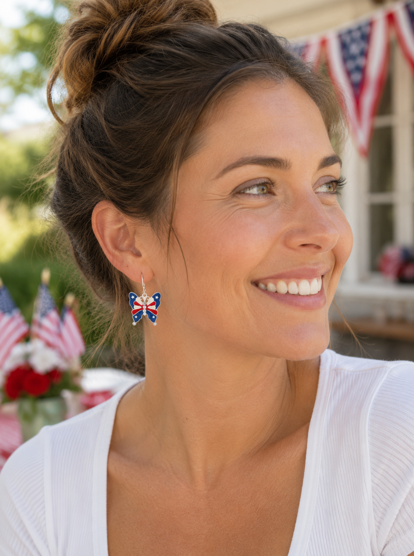 Silvertone Butterfly Earrings with Stars and Stripes