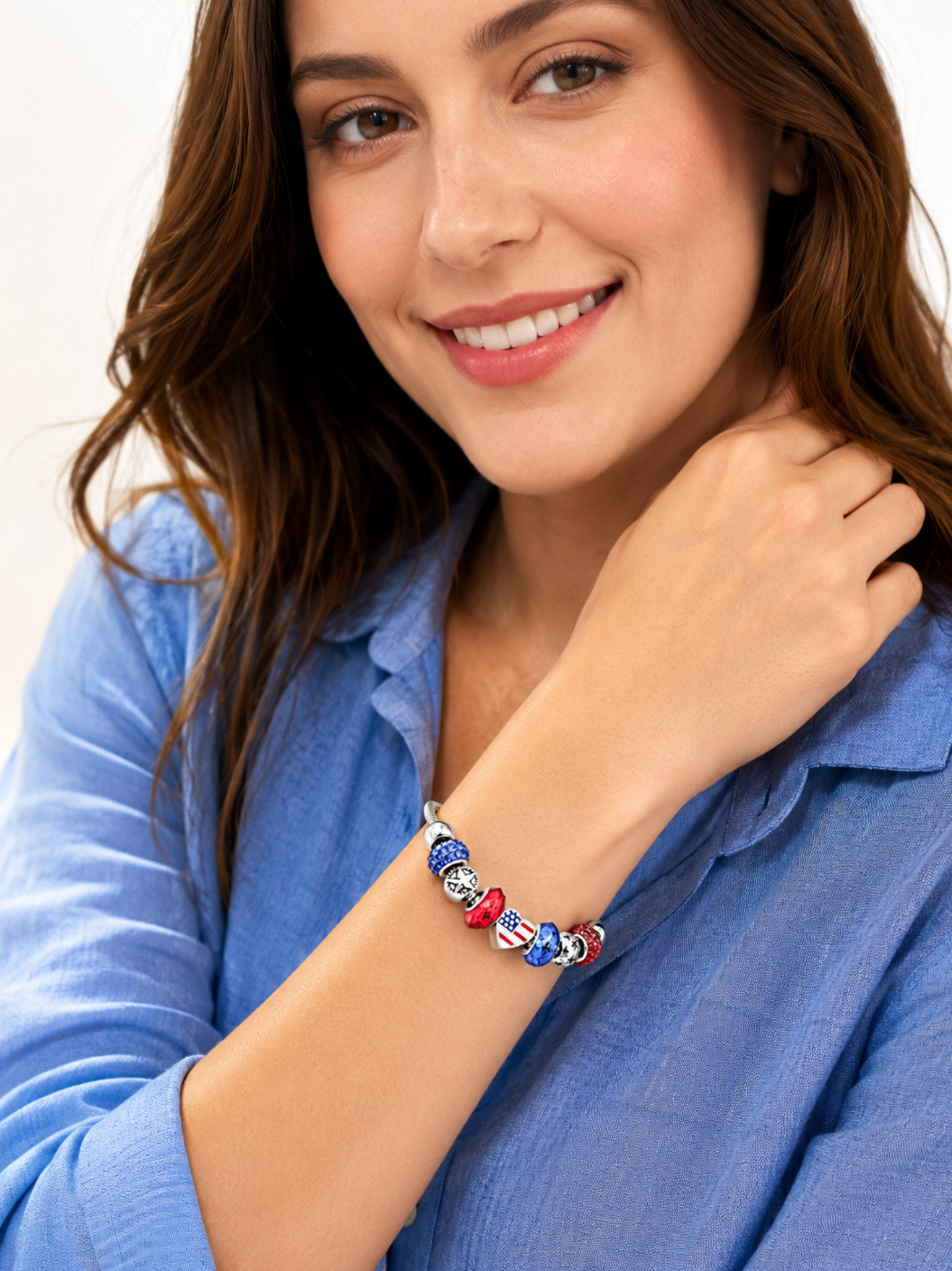 Red & Blue American Flag Silvertone Charm Bracelet