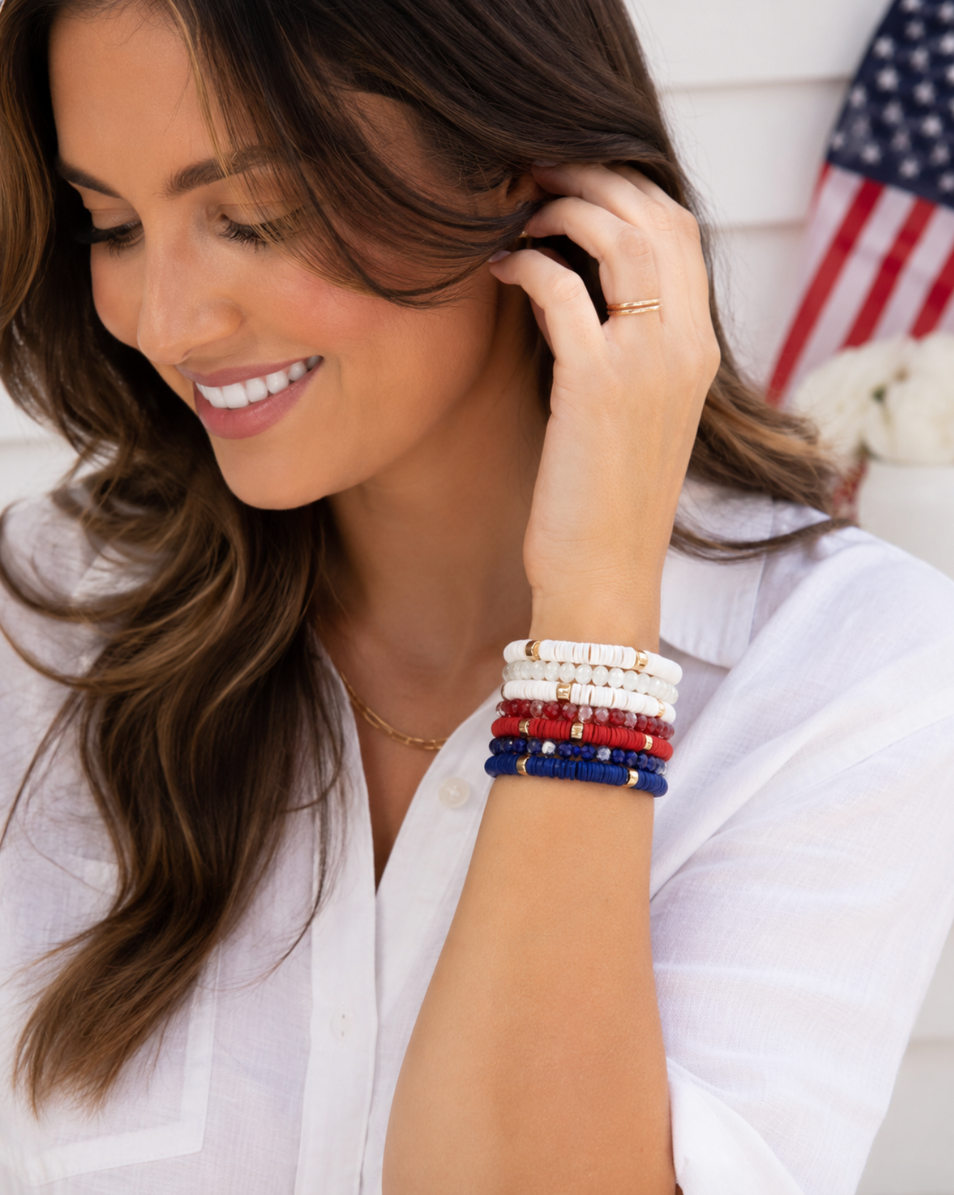 White, Red And Blue Heishi Beaded Bracelet Set