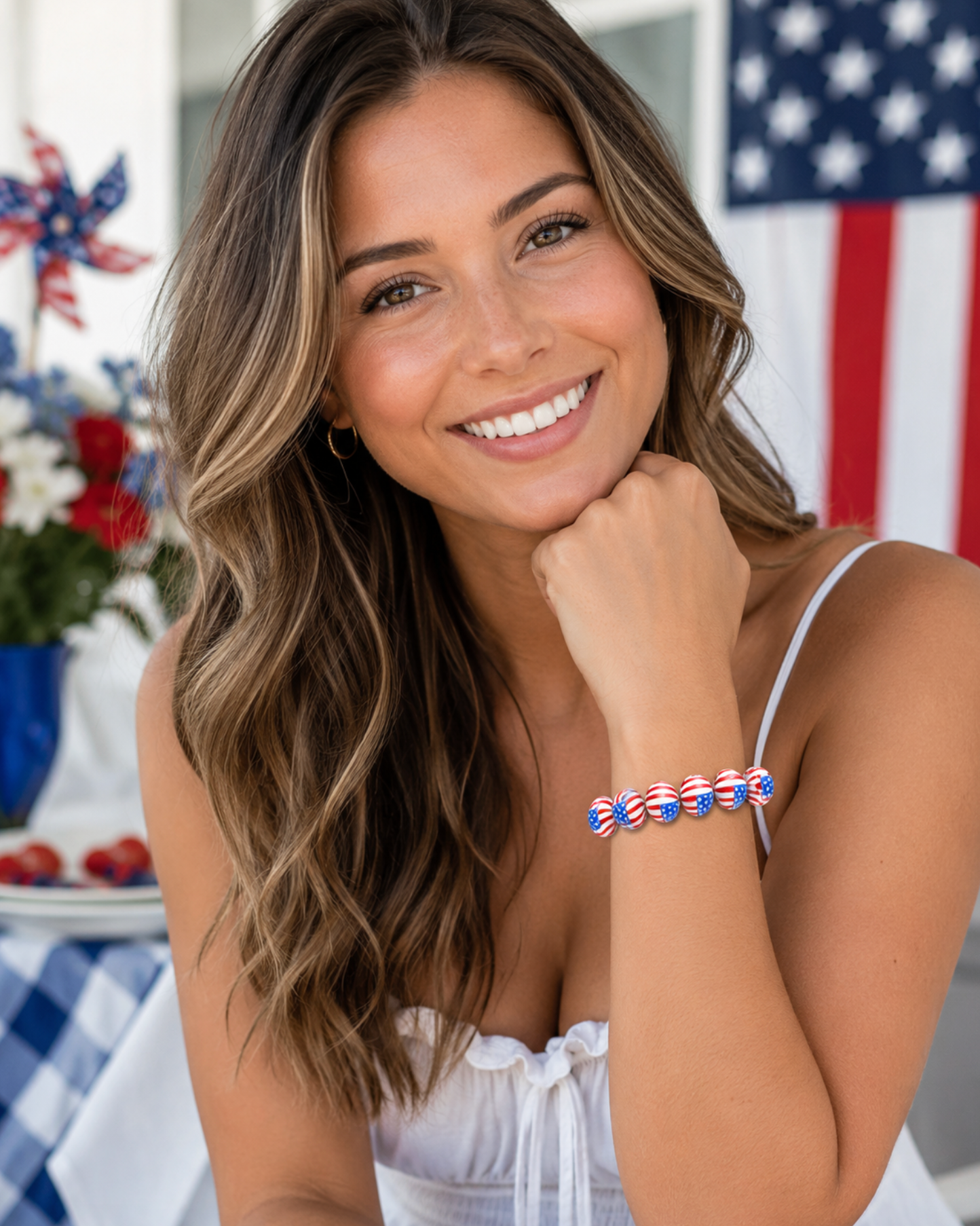Red and Blue American Flag Beaded Stretch Bracelet