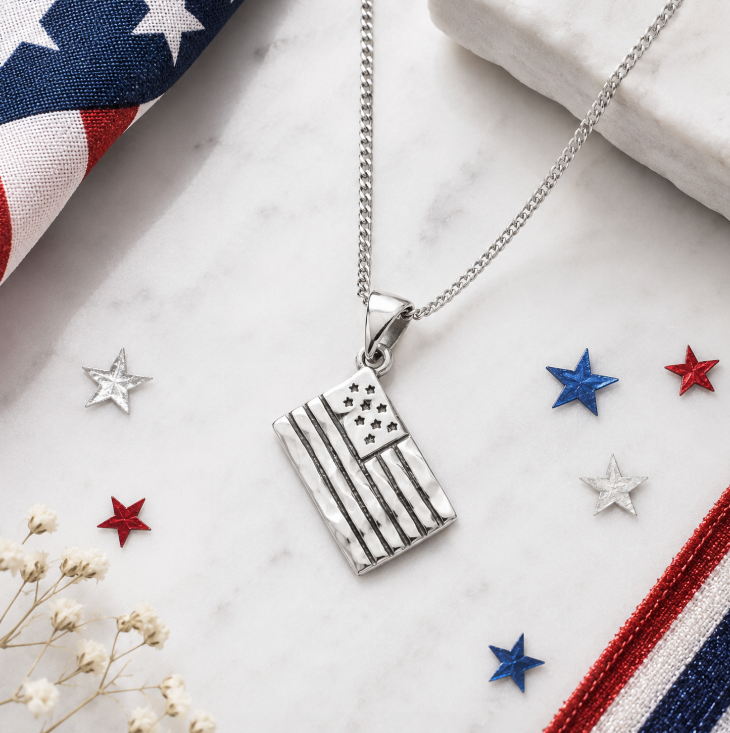 Sterling Silver American Flag Pendant Necklace