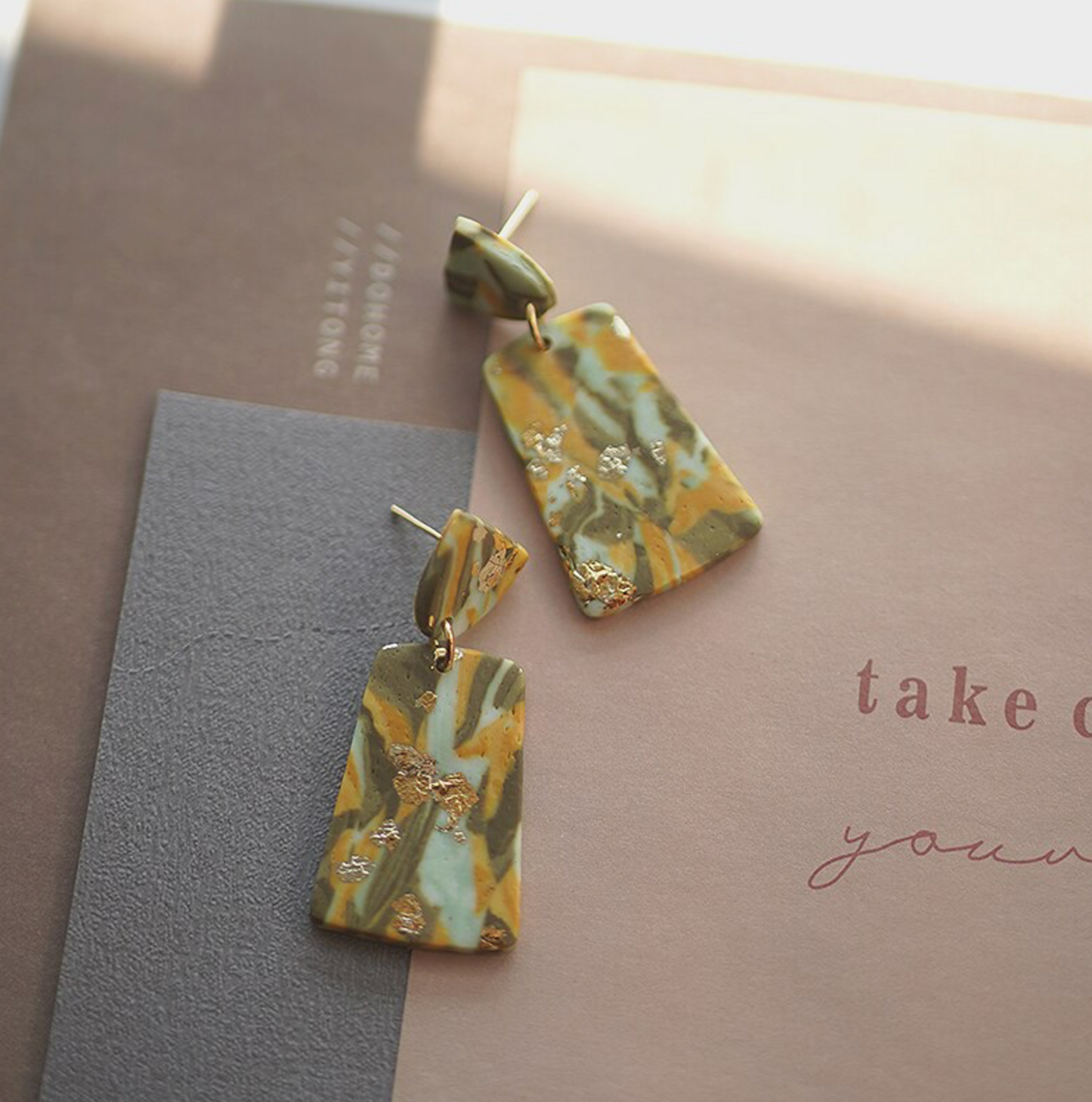 Green Clay & Goldtone Rectangular Drop Earrings