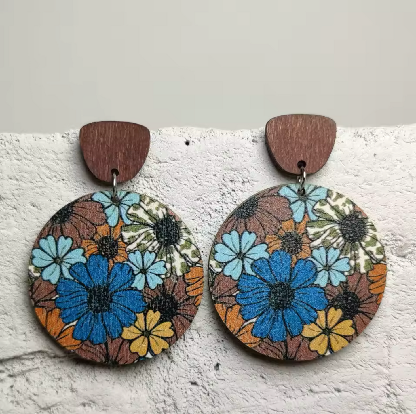 Blue & Brown Floral Round Drop Earrings
