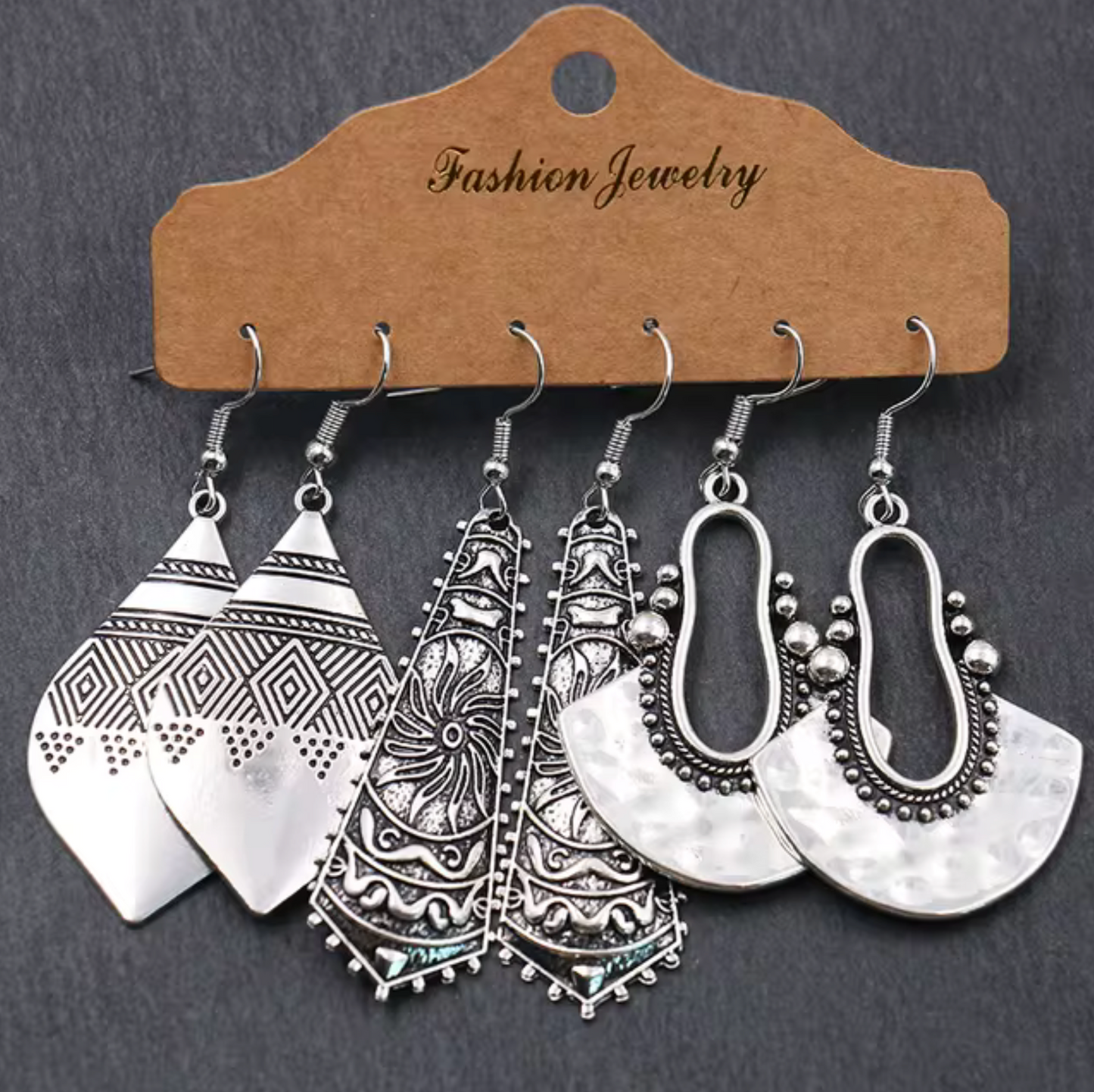 Boho Antique Silver Dangle Earring Set - Set Of 3