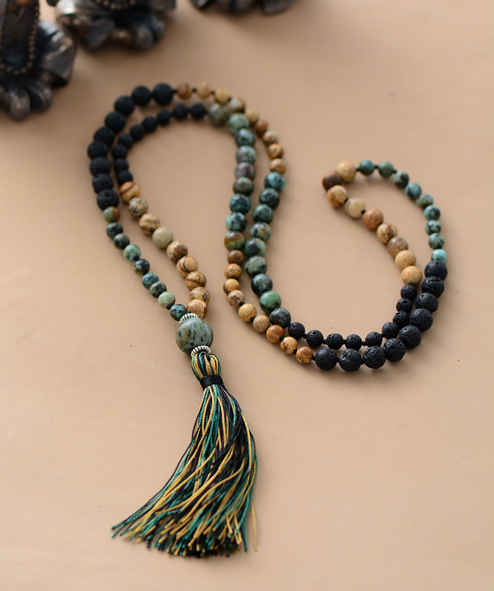Jasper Lava Bead Stone Long Necklace With Tassel