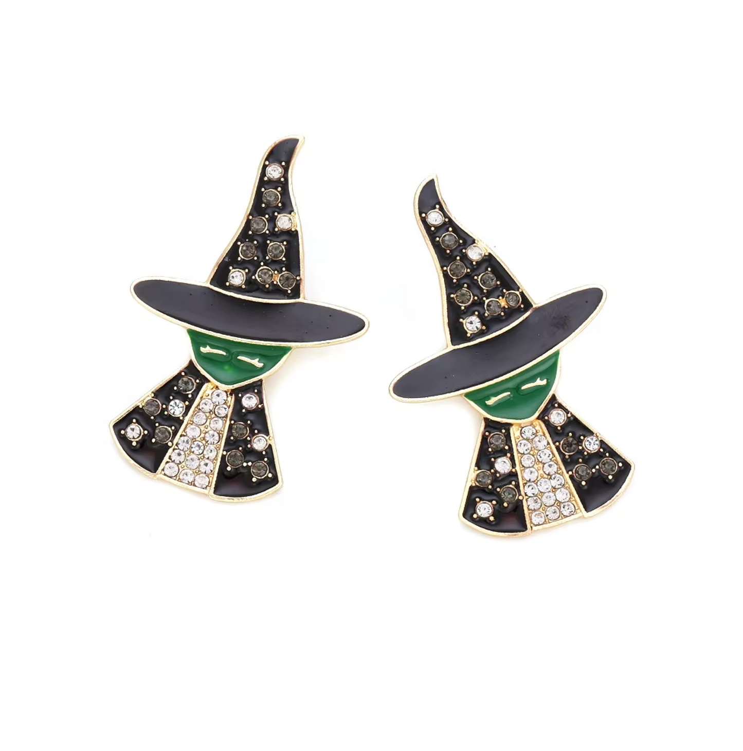 Green Black Wicked Fun Crystal Witch Stud Earrings