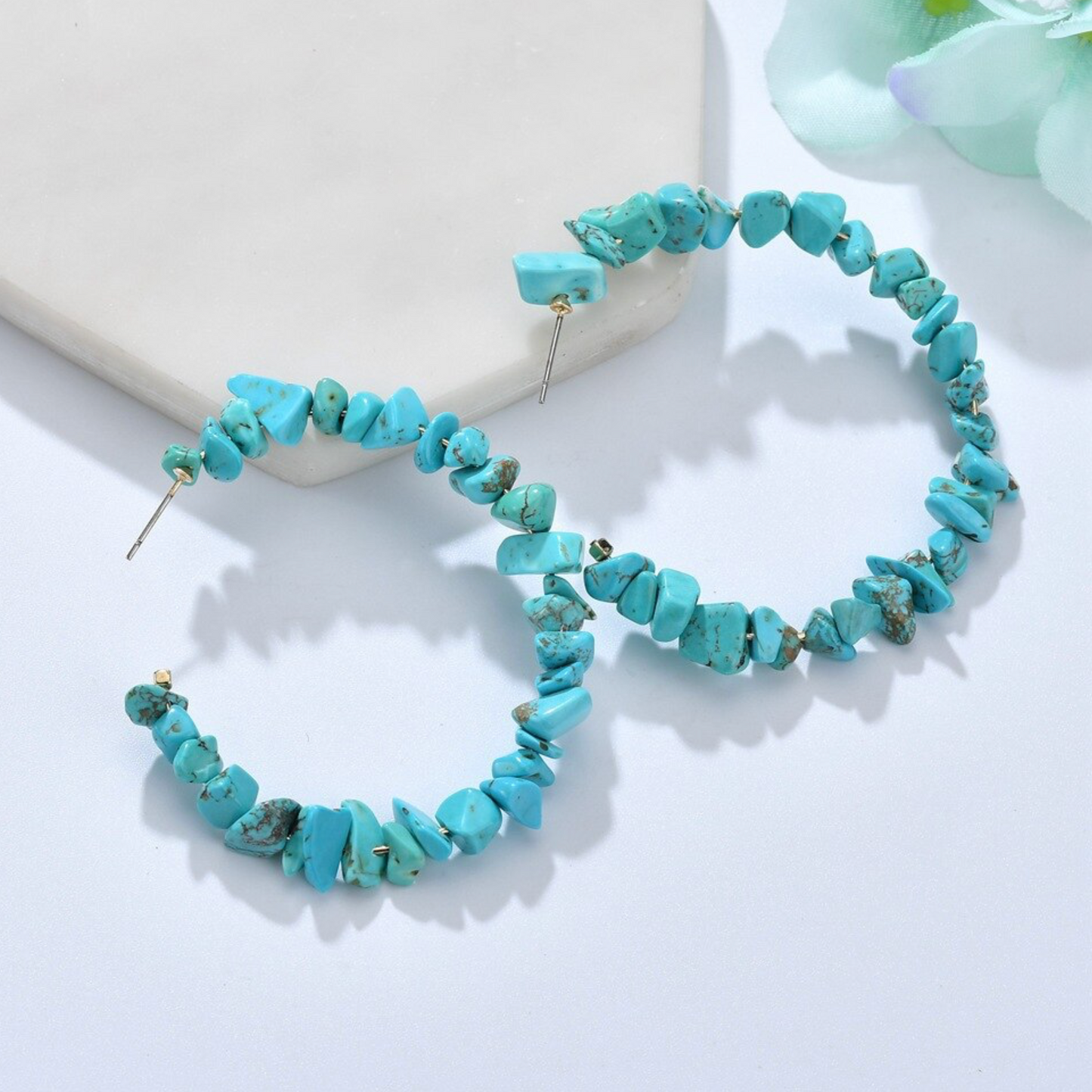 Goldtone Turquoise Chip Hoop Stud Earring