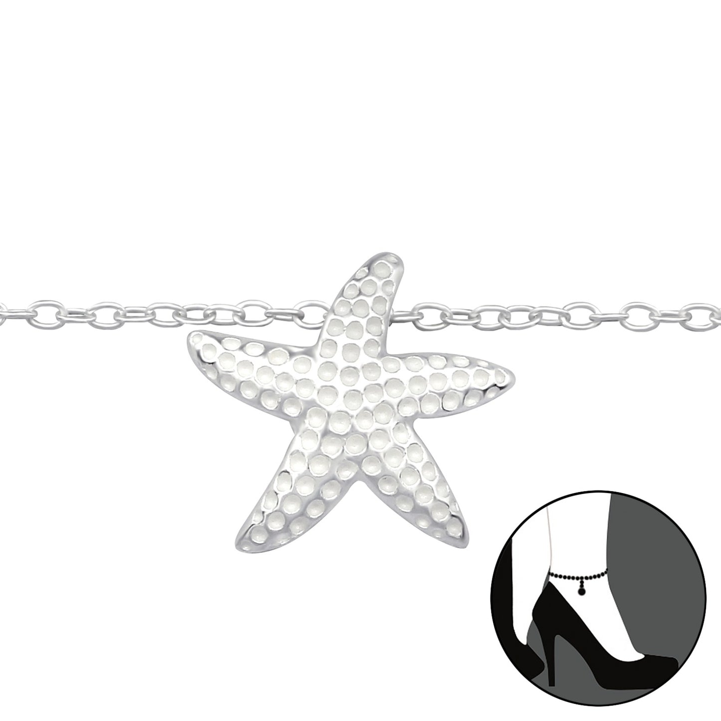 Sterling silver hammered starfish charm anklet on delicate cable chain, adjustable with extender
