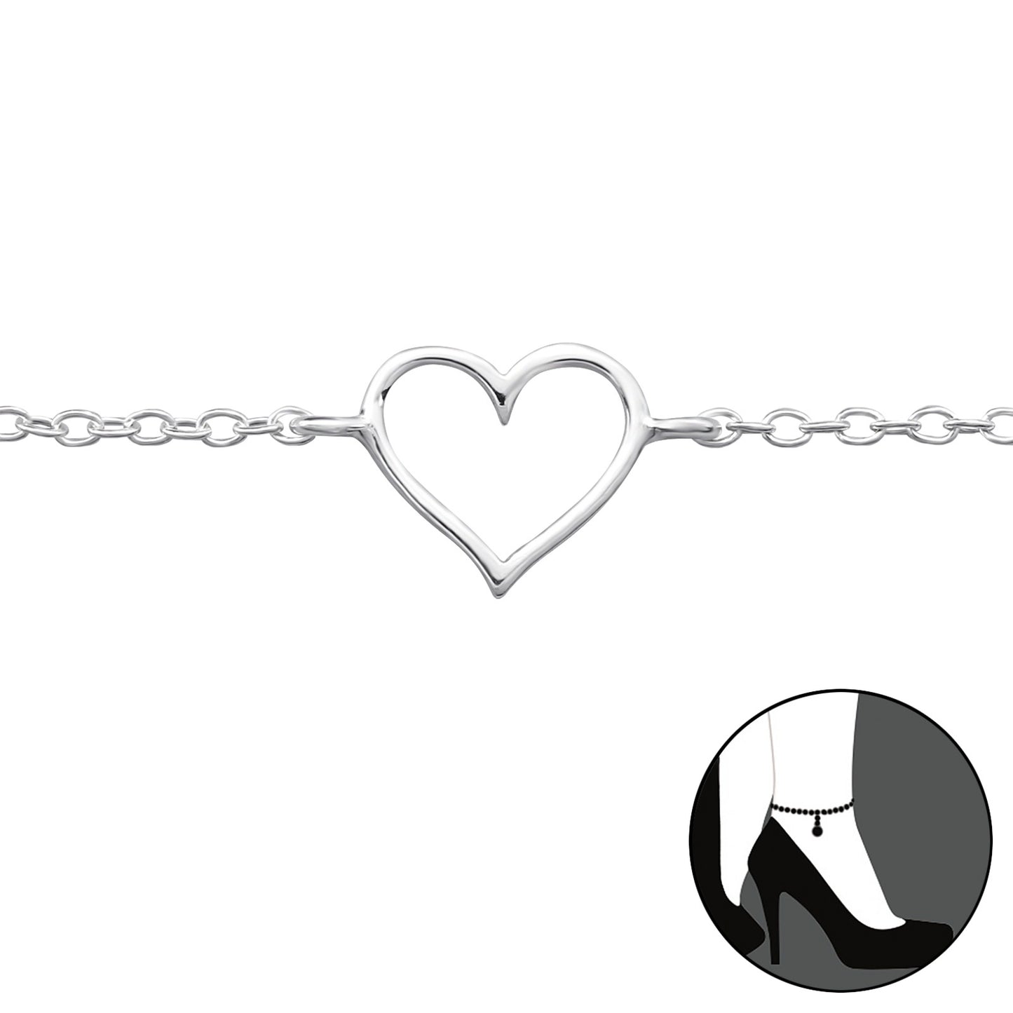Simple silver heart ankle bracelet with open heart charm, romantic minimalist style