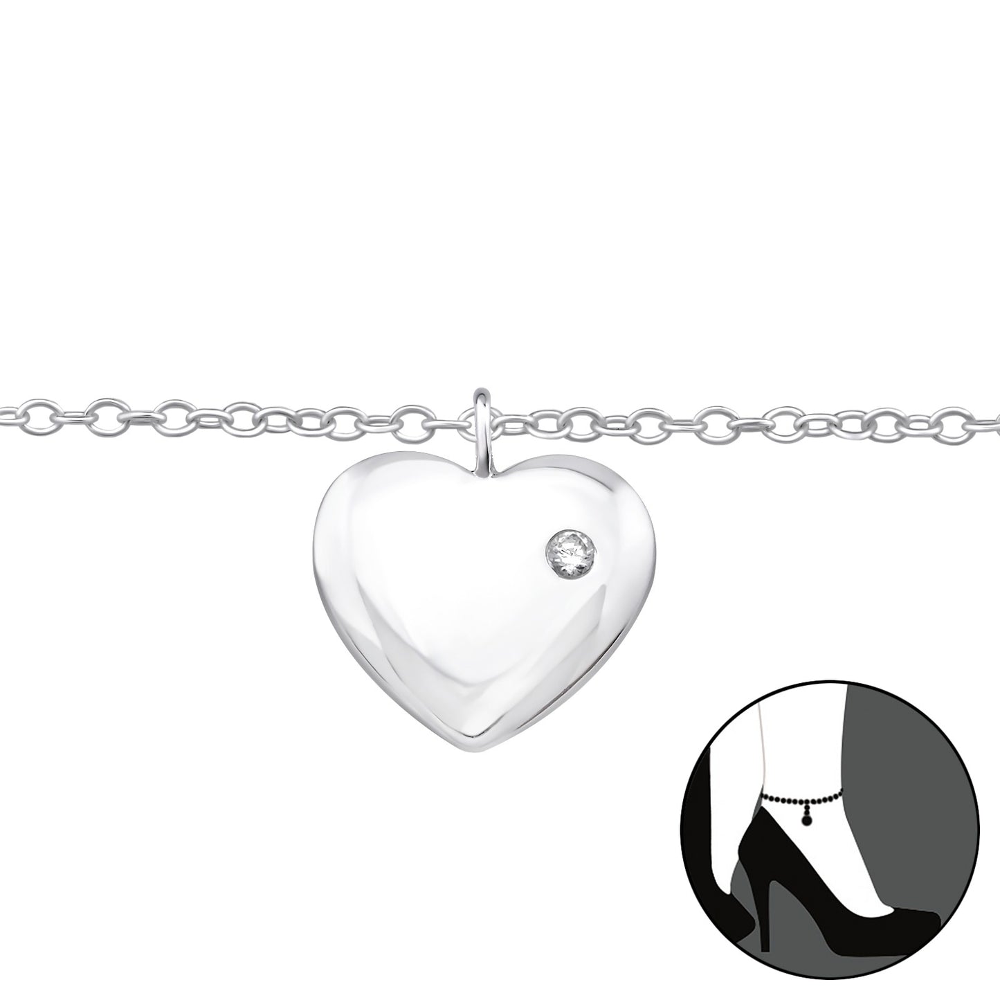 sterling silver heart charm anklet with bezel-set cubic zirconia on a delicate adjustable chain