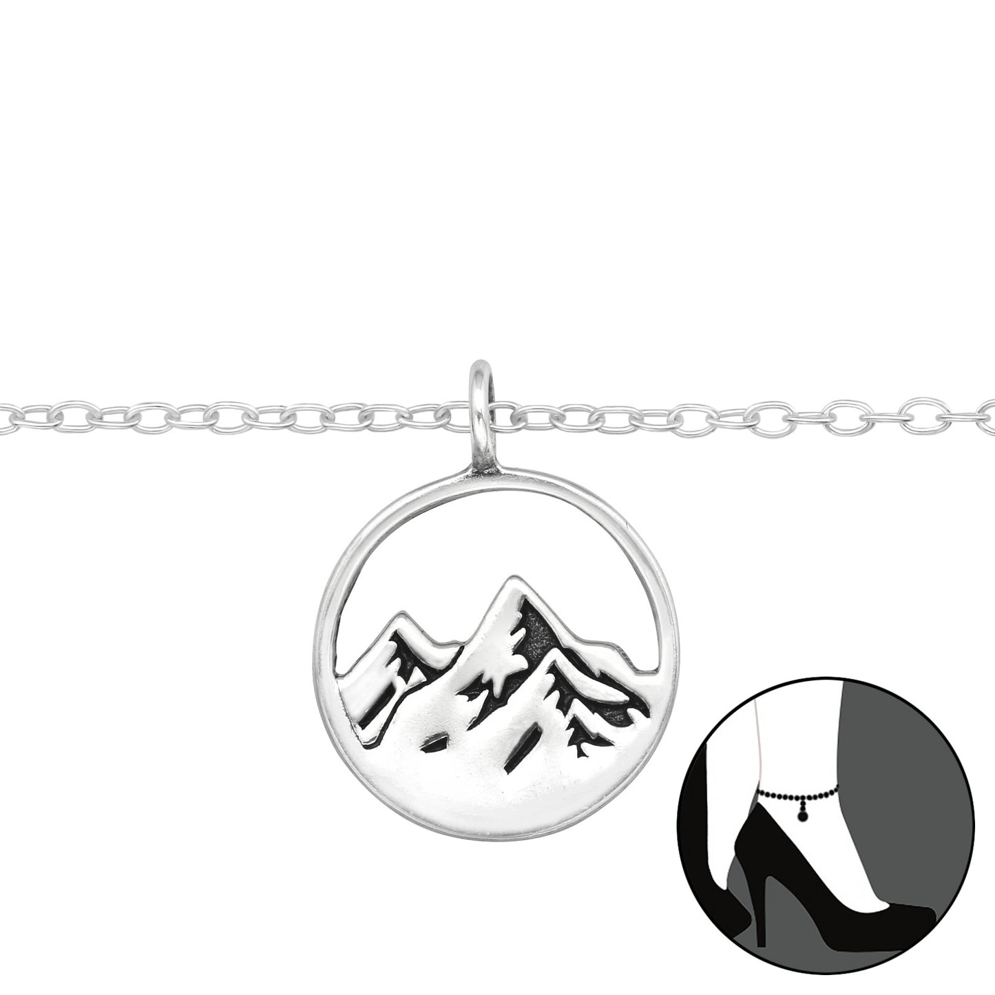 Sterling silver mountain disc anklet with oxidized detail on a delicate adjustable chain