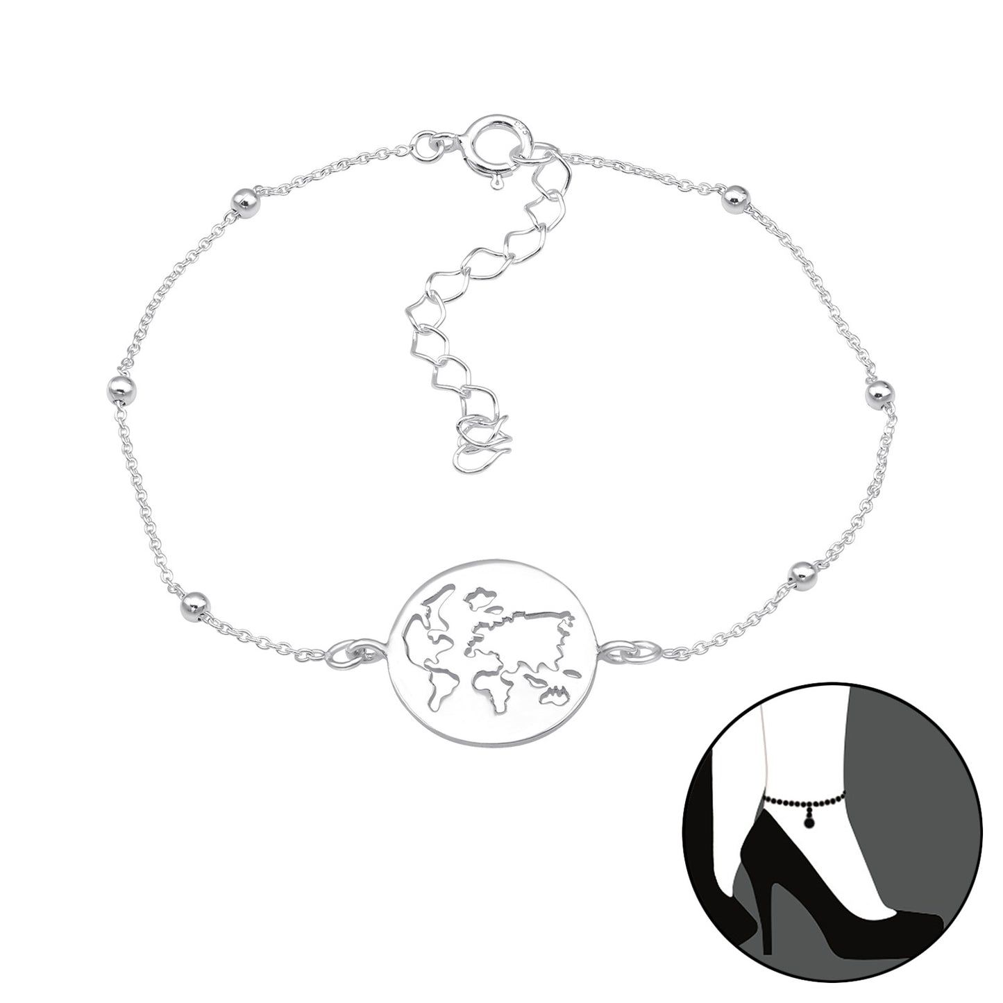 Sterling silver world map anklet with openwork globe disc on a delicate adjustable station chain