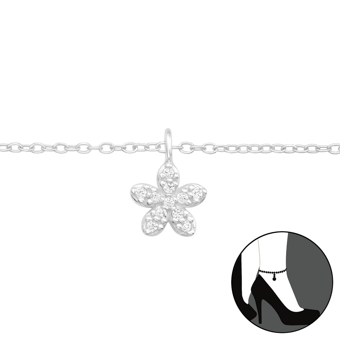 Sterling silver pavé flower charm anklet on cable chain, adjustable 8.50–10.63 inches with 2.13 inch extender, 0.28 inch charm, 11 CZ stones