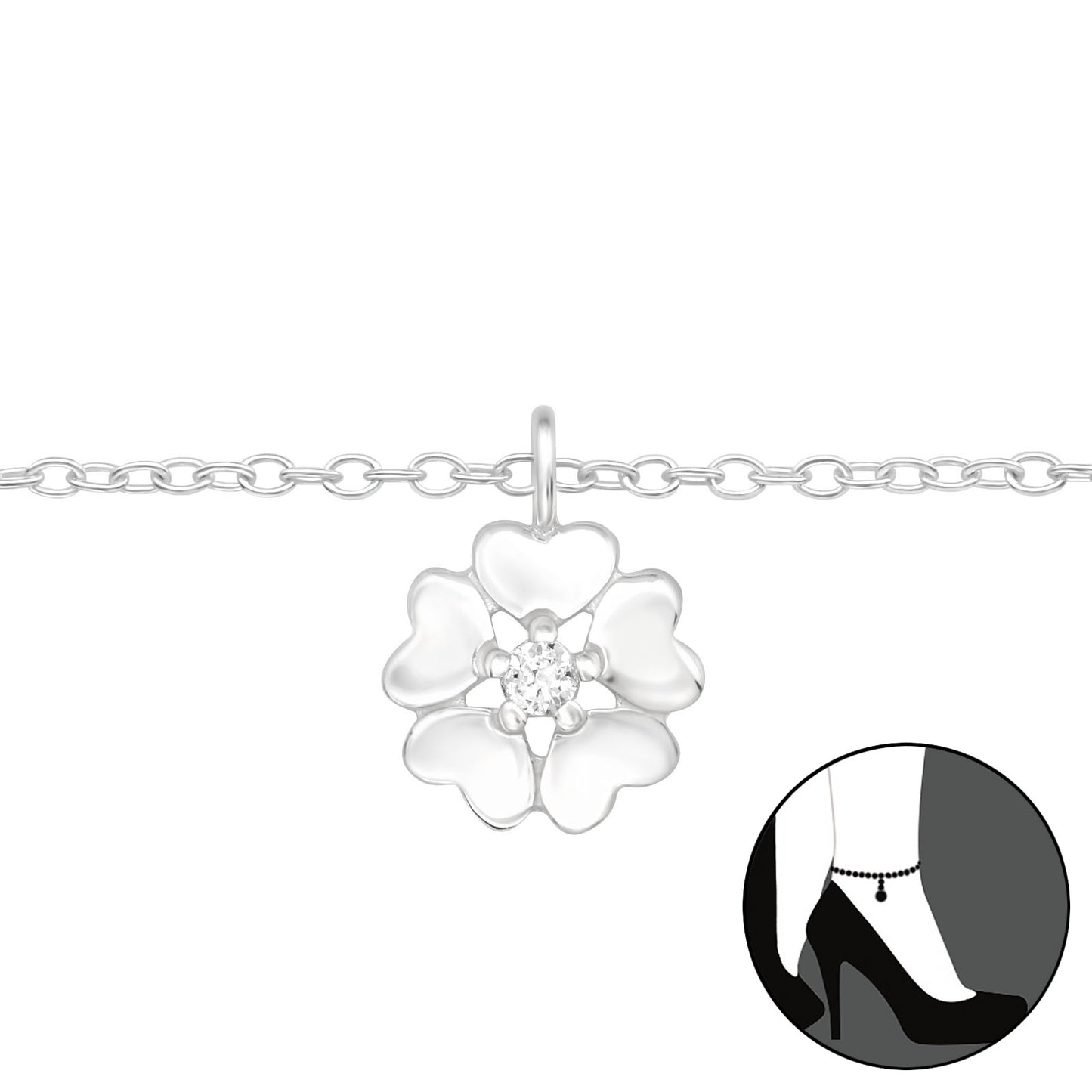 Sterling silver five-petal flower charm anklet with single cubic zirconia, adjustable 8.66–9.84 inches with 1.18 inch extender, 0.31 inch charm
