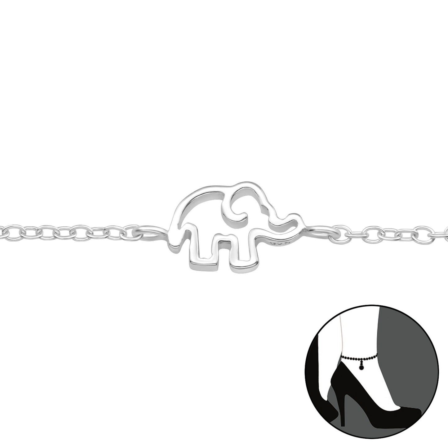 sterling silver elephant charm anklet on cable chain, adjustable 6.30–7.87 inches with 1.57 inch extender, 0.39 by 0.24 inch openwork charm, e-coat finish