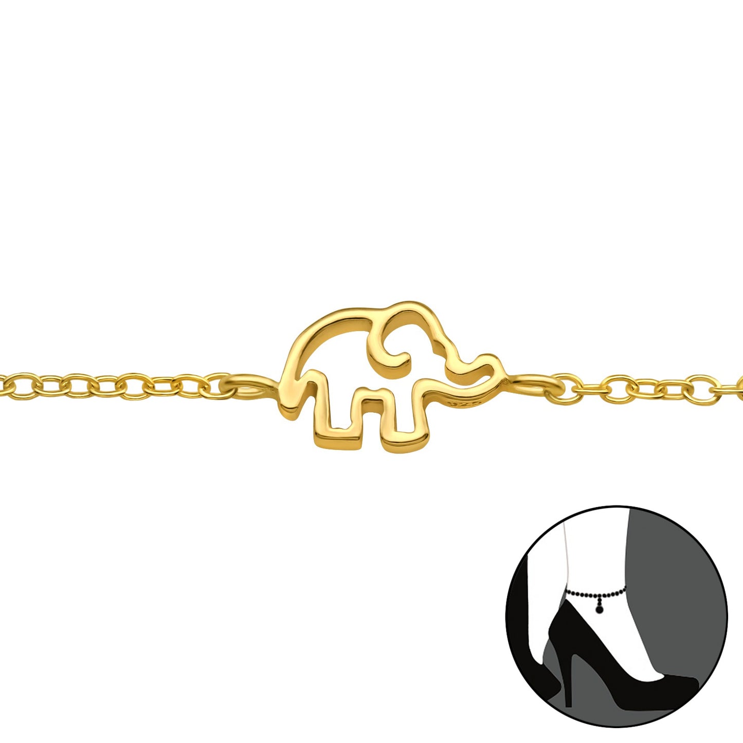 Gold plated sterling silver elephant charm anklet on delicate cable chain, adjustable with extender, minimalist openwork design
