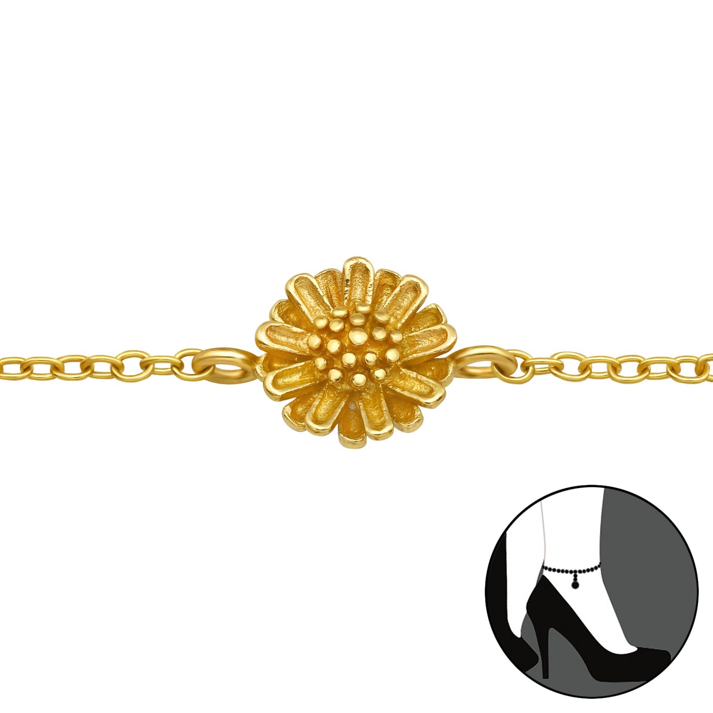 Gold plated sterling silver daisy flower charm anklet on delicate cable chain, adjustable with extender, minimalist design