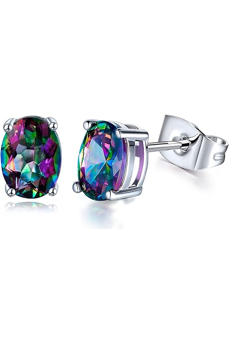 Rainbow Mystic Topaz Stud Earrings – 6x8mm Oval CZ in Silver-Tone Setting