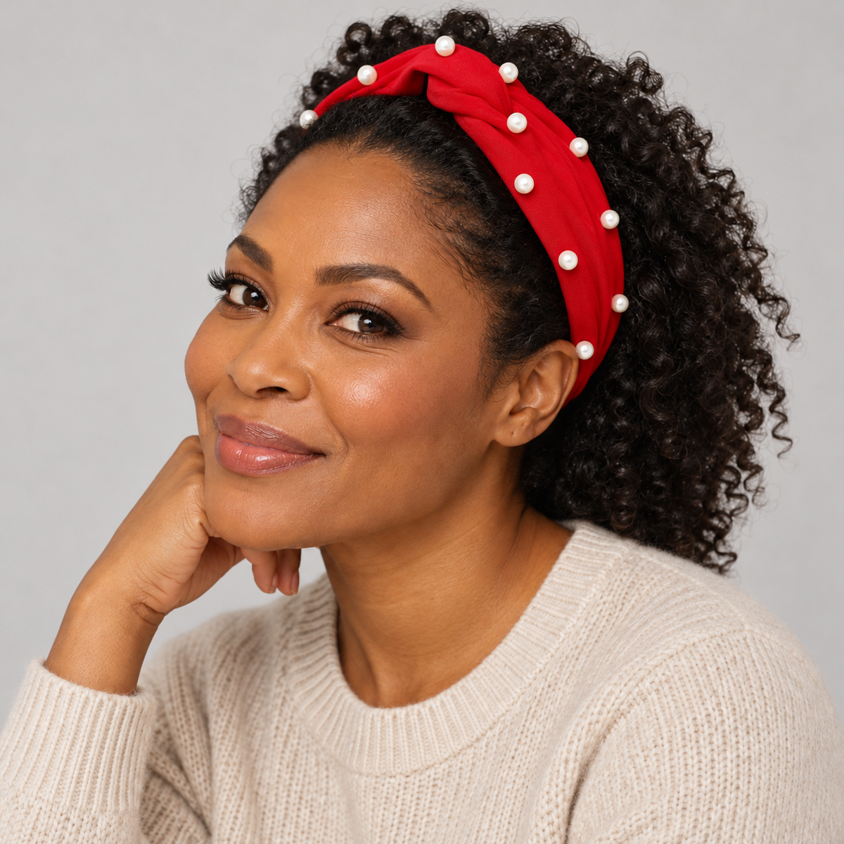 Red Faux Pearl Knotted Headband — alternate view, SKU 52920-38