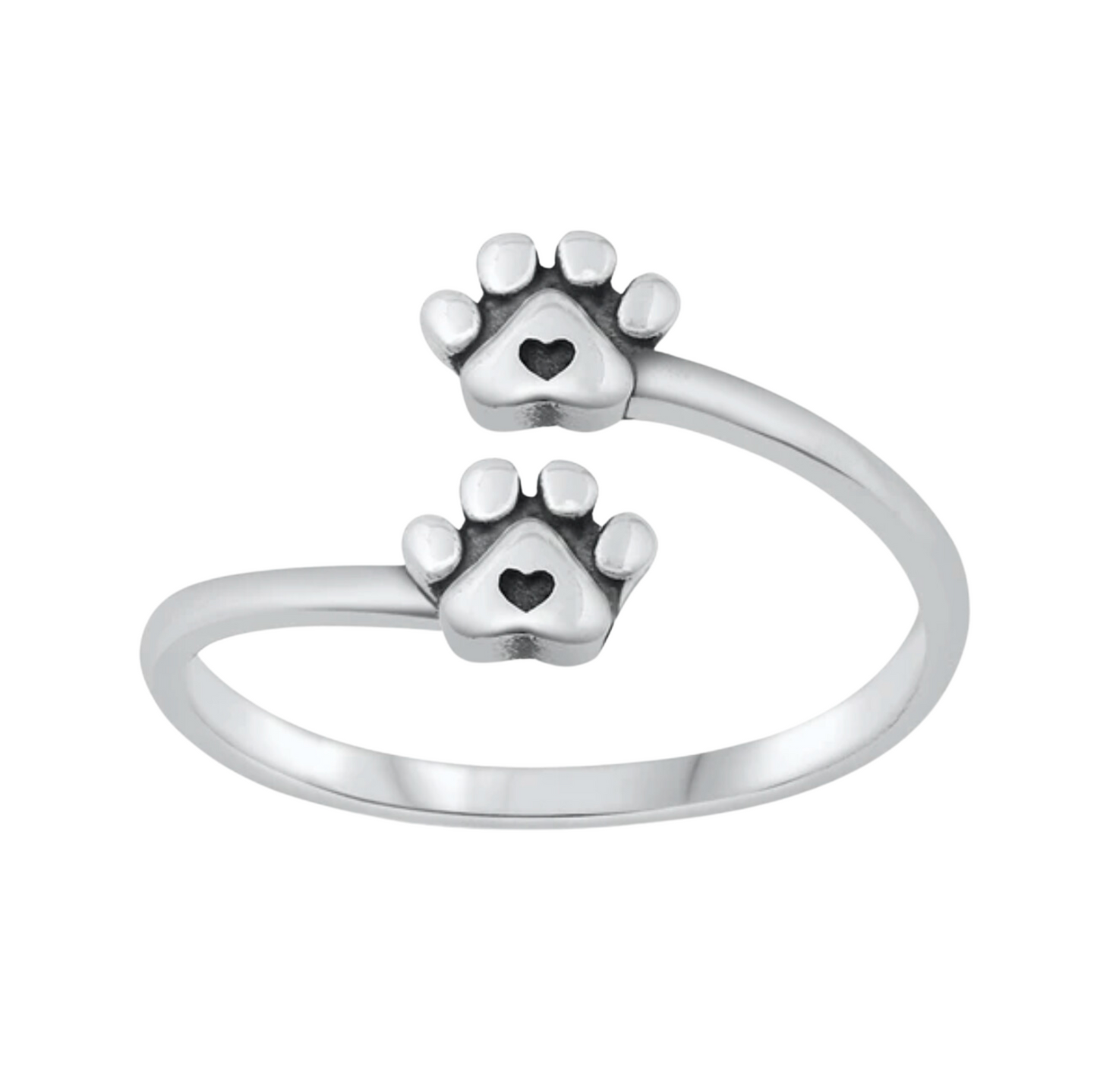 Sterling Silver Heart Paw Prints Bypass Ring