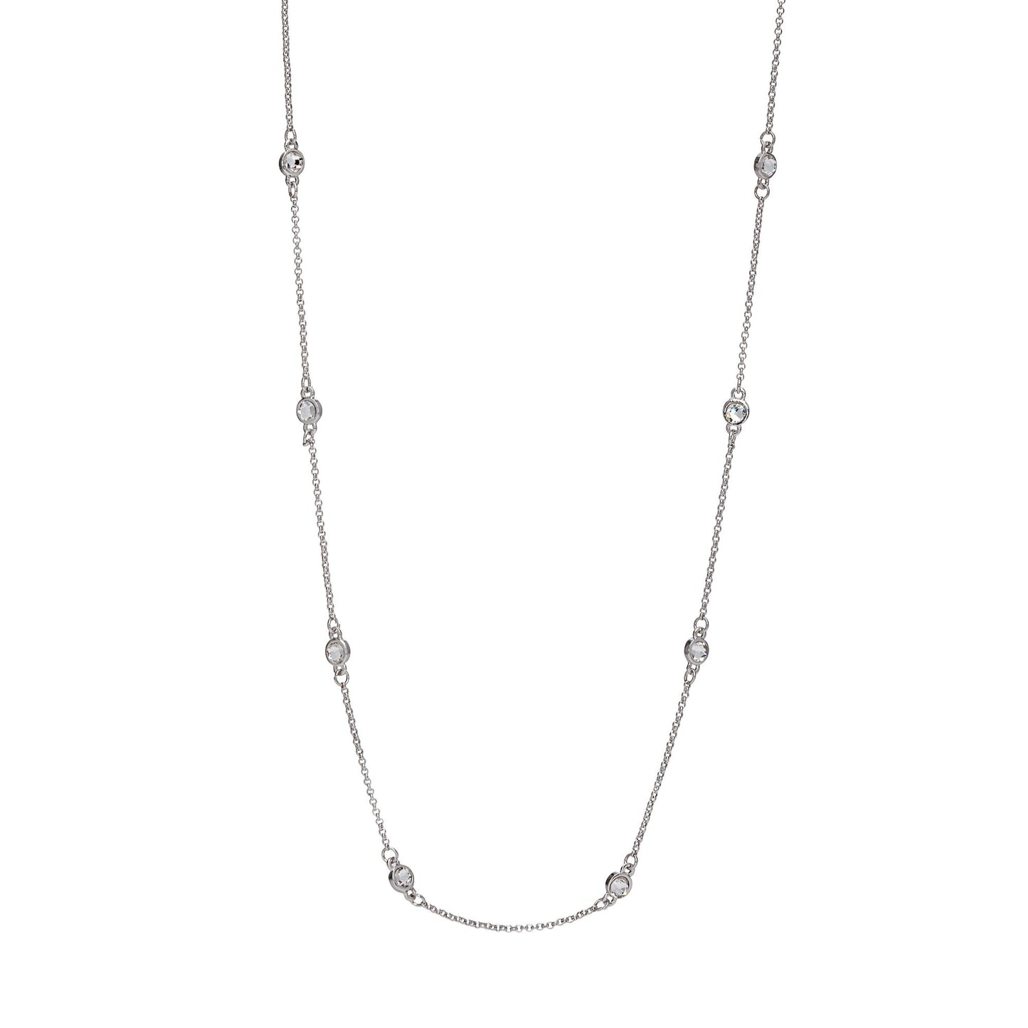 30 inch station necklace with Swarovski crystals, rhodium plated, elegant lightweight layering design by callura