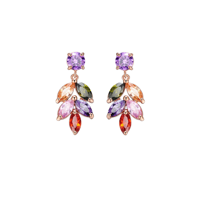 Rose Goldtone Multi Colored Cubic Zirconia Leaf Drop Earrings
