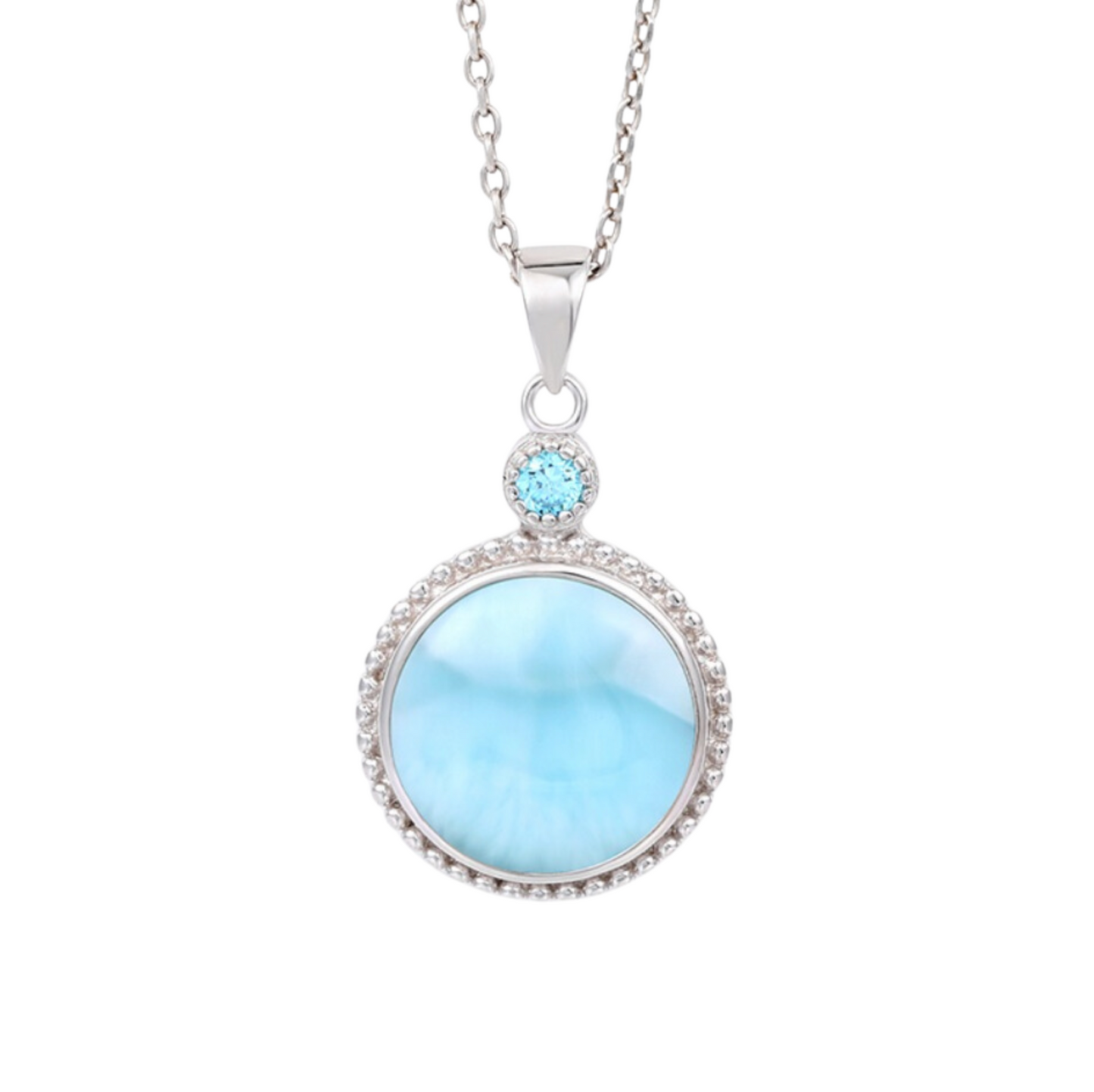 Sky Blue Larimar & Sterling Silver Round Pendant Necklace
