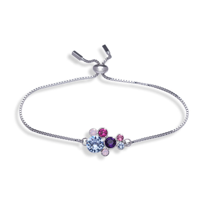 Adjustable rhodium-plated bracelet with multicolor Swarovski crystal cluster centerpiece