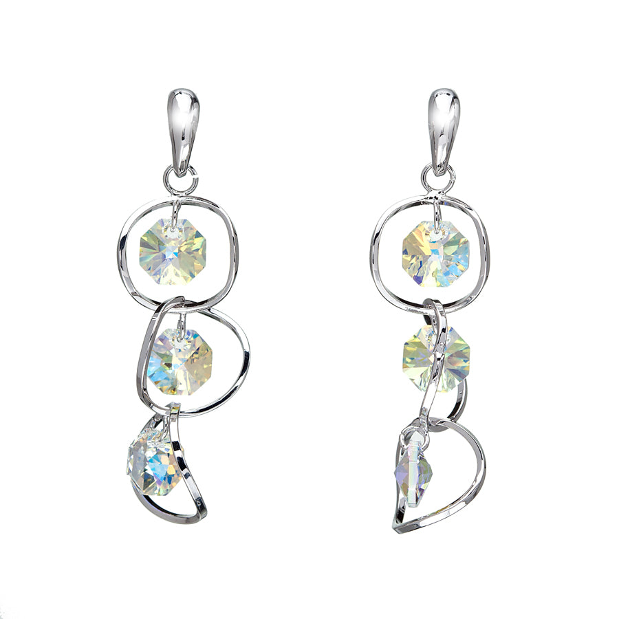 Aurora Borealis Swarovski crystal dangle earrings with abstract silver loops, polished finish by callura