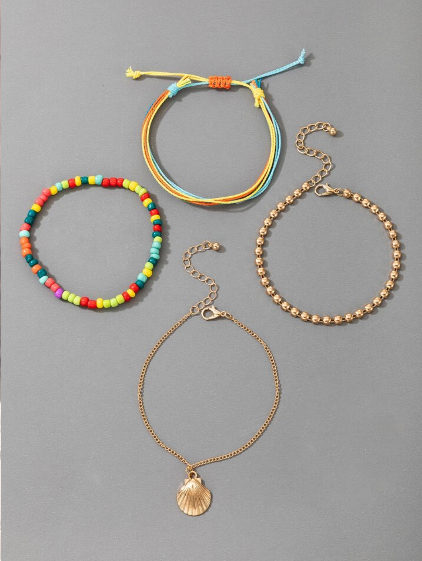 Goldtone Multi Colored Beaded Anklet Shell Set