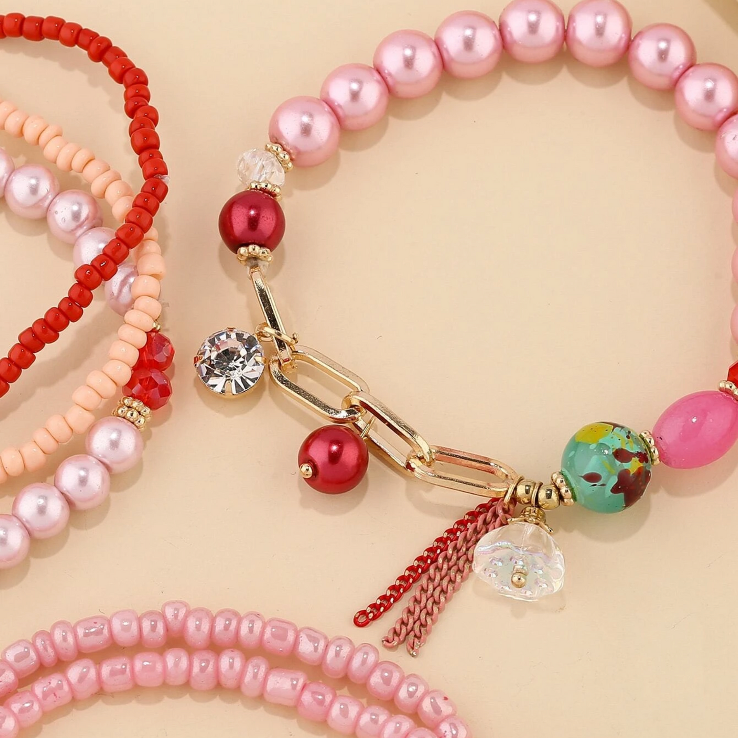Pink Red Beaded Bracelet Set