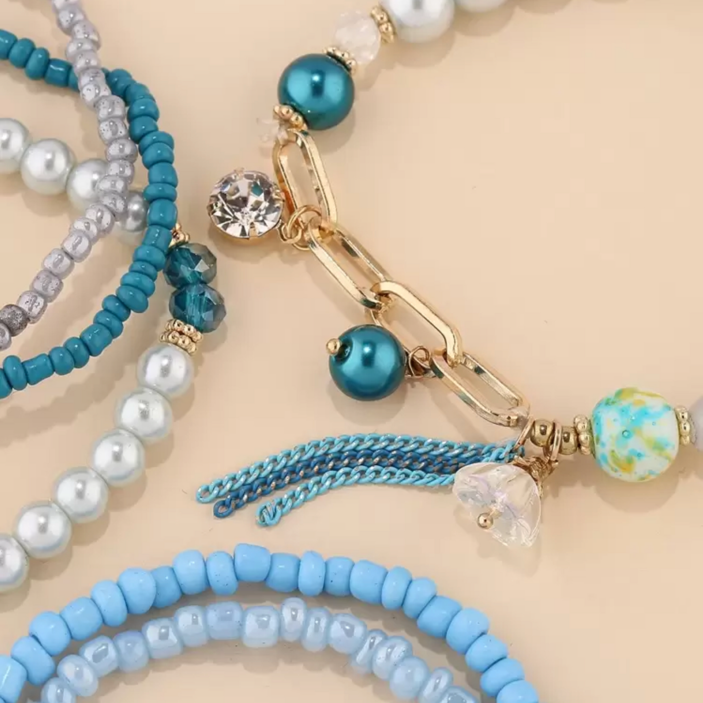 Pearlescent Blue Beaded Bracelet Set