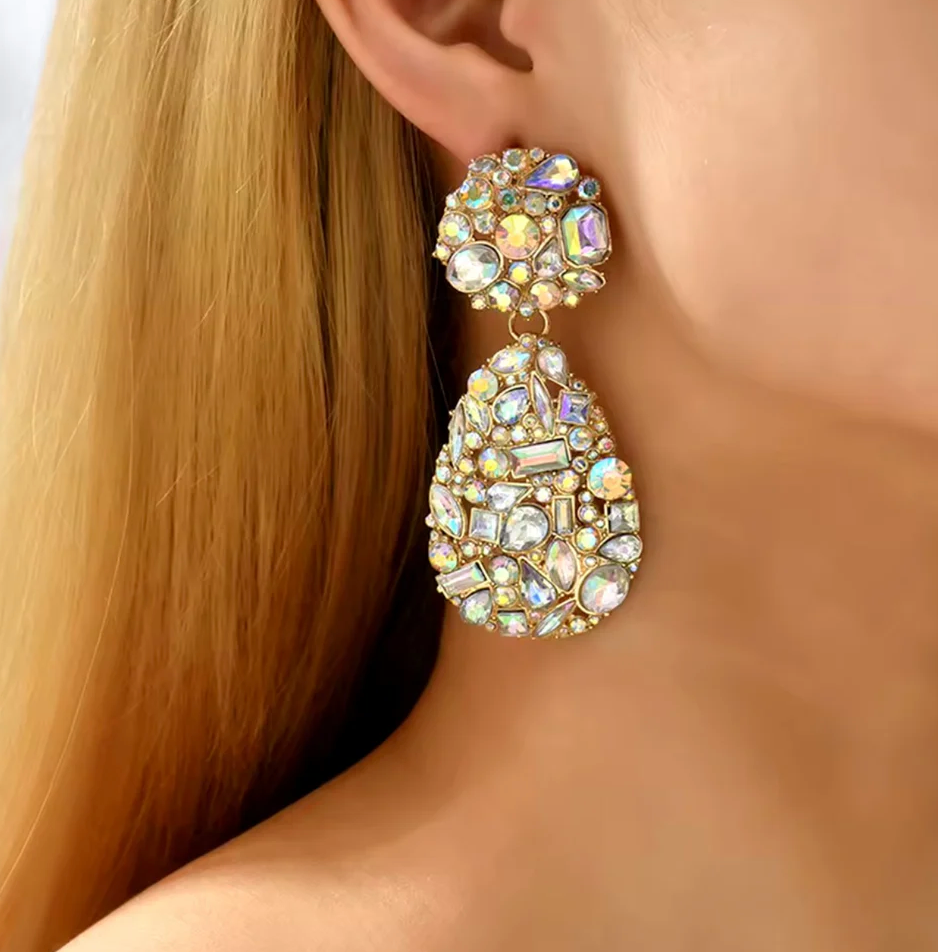 Goldtone & Iridescent Crystal Encrusted Teardrop Earrings