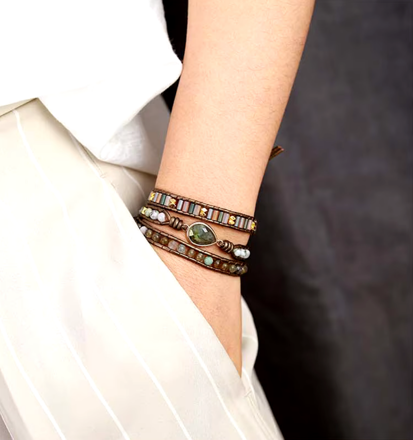 Earth Toned Labradorite Gemstone 3 Row Handmade Wrap Bracelet