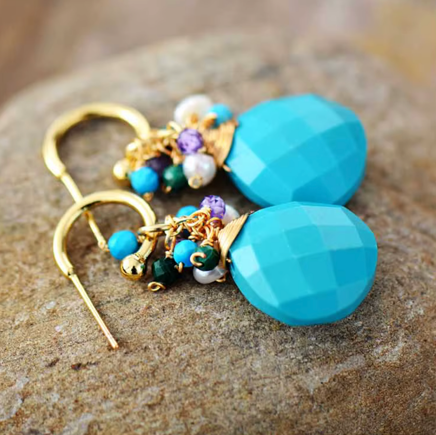 Handmade Turquoise Freshwater Pearls and Gemstone Beaded Cluster Drop Earrings