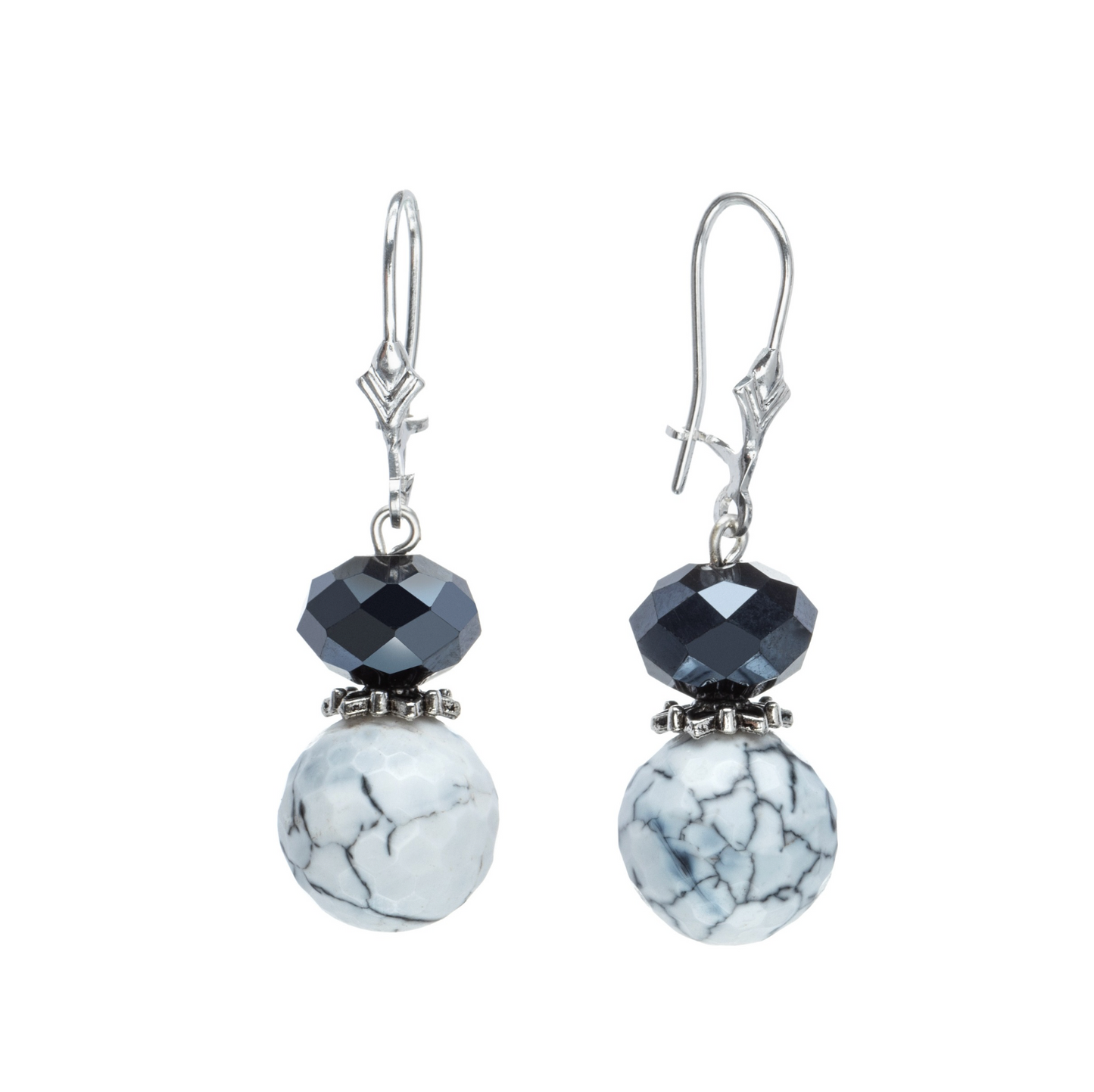 Black White Cracked Agate Faceted Bead Drop Earrings