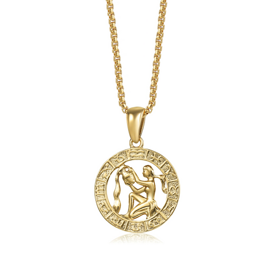 Goldtone Circular Star Sign Zodiac Medallion Pendant Necklace