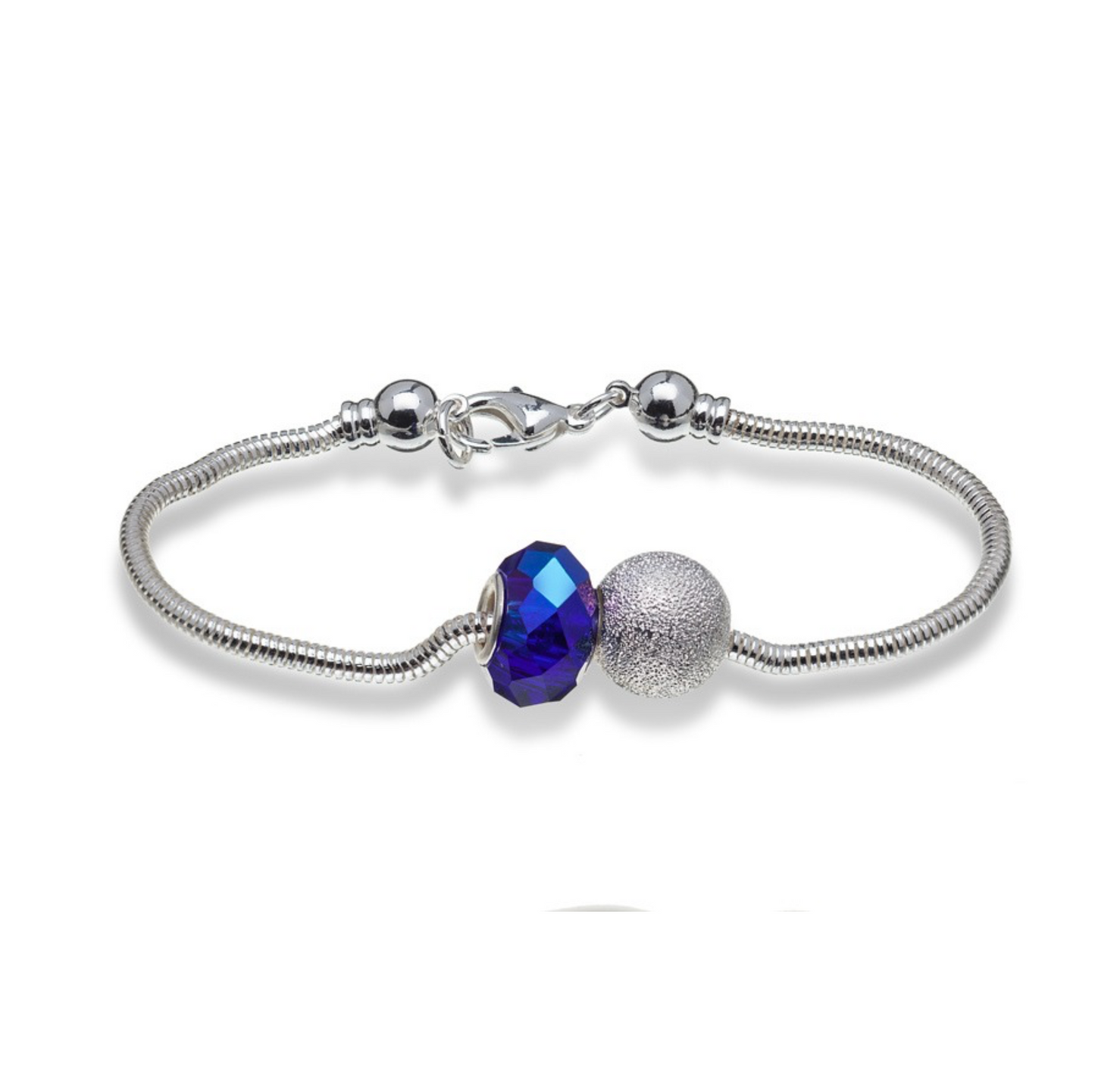Silver Plated Charm Bracelet With Sapphire Blue Faceted Crystal Charm