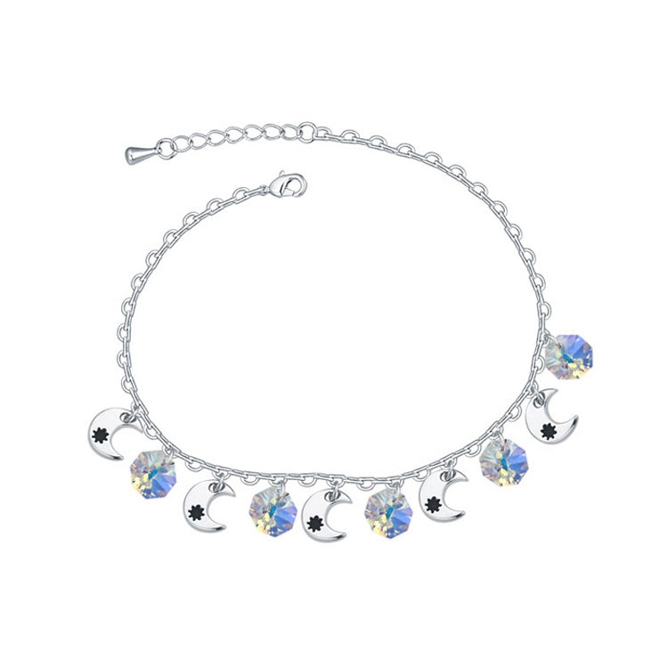 Adjustable moon charm anklet with AB Swarovski crystals and rhodium plated chain