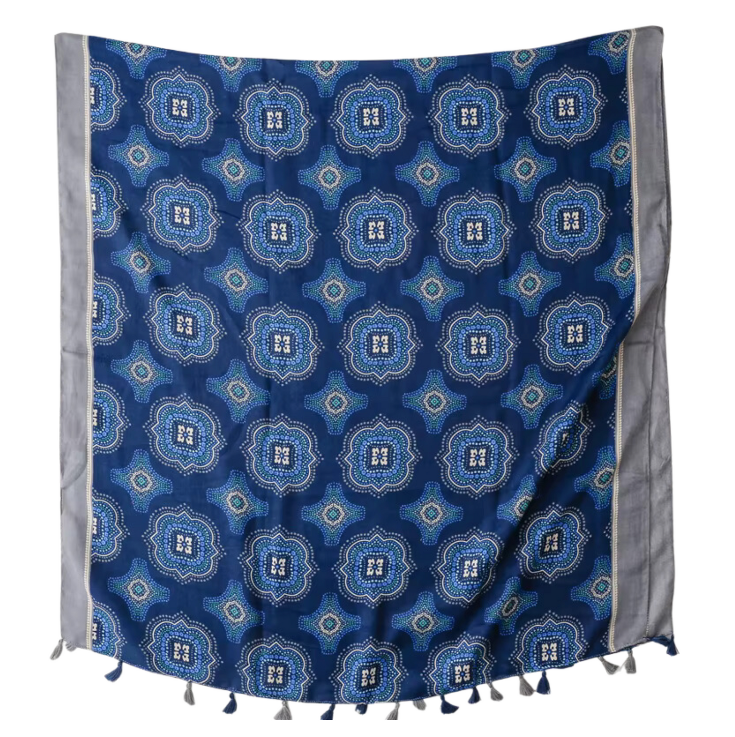 Rich Blue Geometric Scarf with Tassels