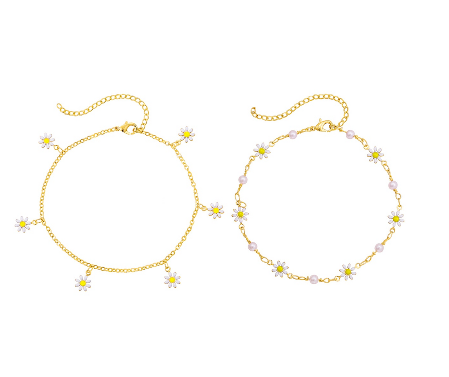 Goldtone Dainty Daisy Set Of 2 Anklets